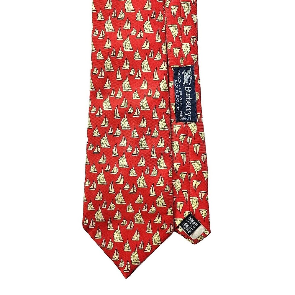 Burberry Men's 100% Silk Neck Tie Red Sailboats Graphic Print Work Formal AOP